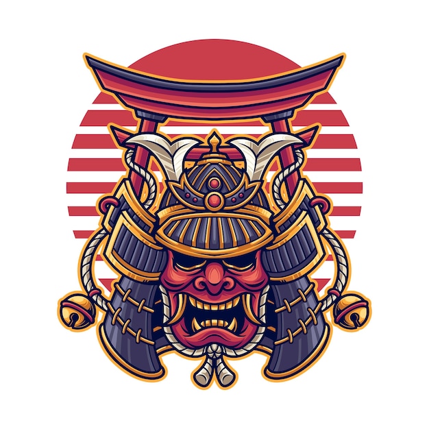 Голова в маске японского самурая с изображением ворот Тории