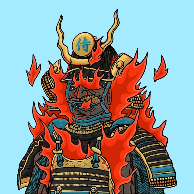 日本の武士の戦士が火を燃やしているイラスト