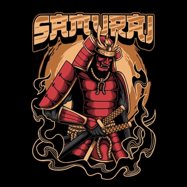 Vector japanese samurai warrior was holding a sword with a combination of red and gold vector illustration