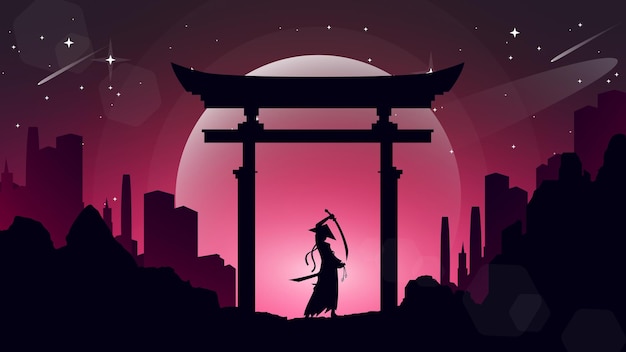 Vector japanese samurai with torii gate background japanese cyberpunk samurai samurai girl anime