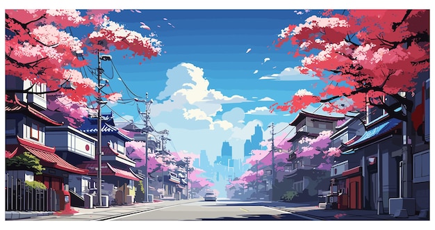 Japanese scene on a street in the city cherry blossom trees vector illustration