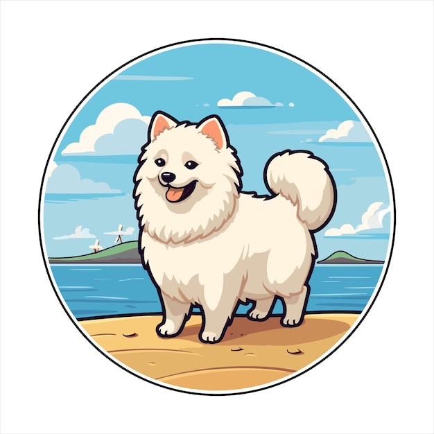 벡터 일본 스피츠 개 품종 귀여운 만화 카와이 캐릭터 해변 여름 동물 애완동물 스티커 일러스트레이션