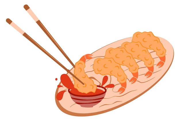 Vector japanese street food. shrimp tempura on the wooden plate with sauce