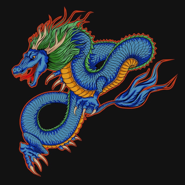 Japanese style dragon illustration blue