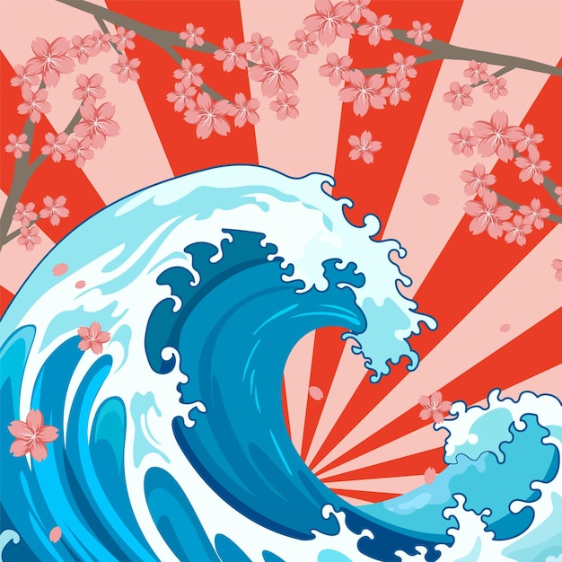 Вектор Большая волна в японском стиле с ретро-комическим фоном