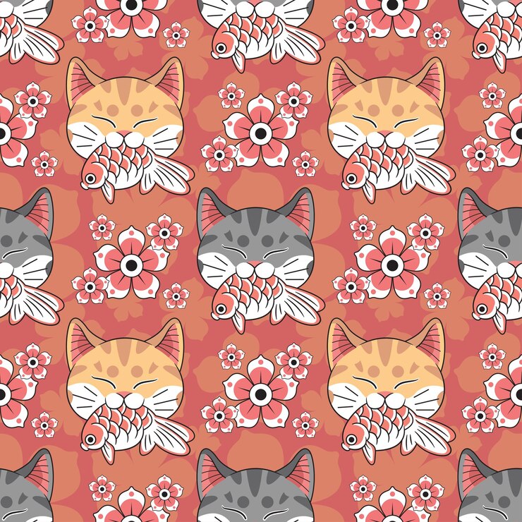 Vector japanese style grey and orange cat is biting a koi fish with flowers seamless pattern design