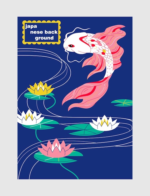 Japanese style poster Elegant oriental banner with beautiful fish in pond with water lilies and lotuses Design element for postcard Cartoon flat vector illustration isolated on gray background