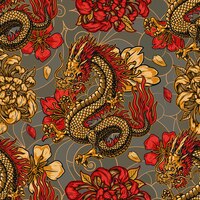 Japanese style vintage seamless pattern with horned fantasy dragon chrysanthemum and sakura flowers