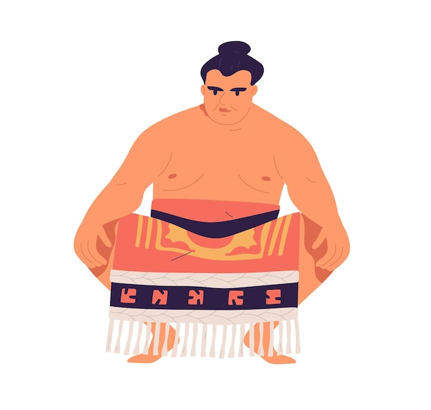 Japanese sumo wrestler in low squat stance. Japan sport. Asian fighter with hair bun wearing loincloth. Colored flat vector illustration isolated on white background.