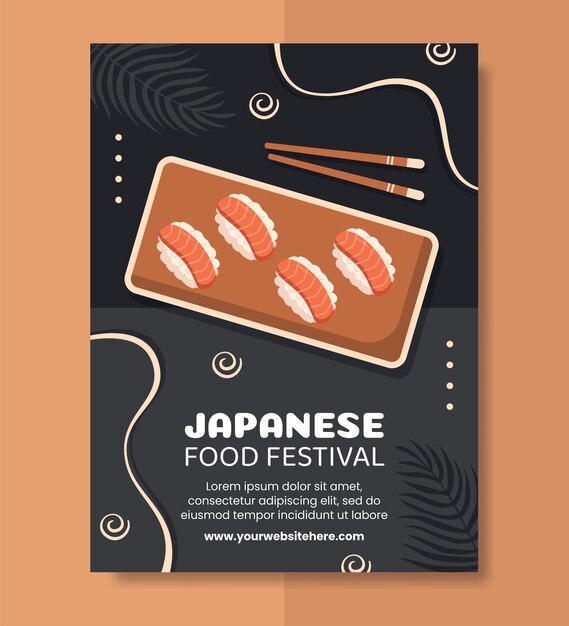 Sushi giapponese o cibo asiatico poster piatto fumetto disegnato a mano modelli illustrazione