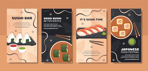 Japanese Sushi or Asian Food Social Media Stories Flat Cartoon Hand Drawn Templates Illustration