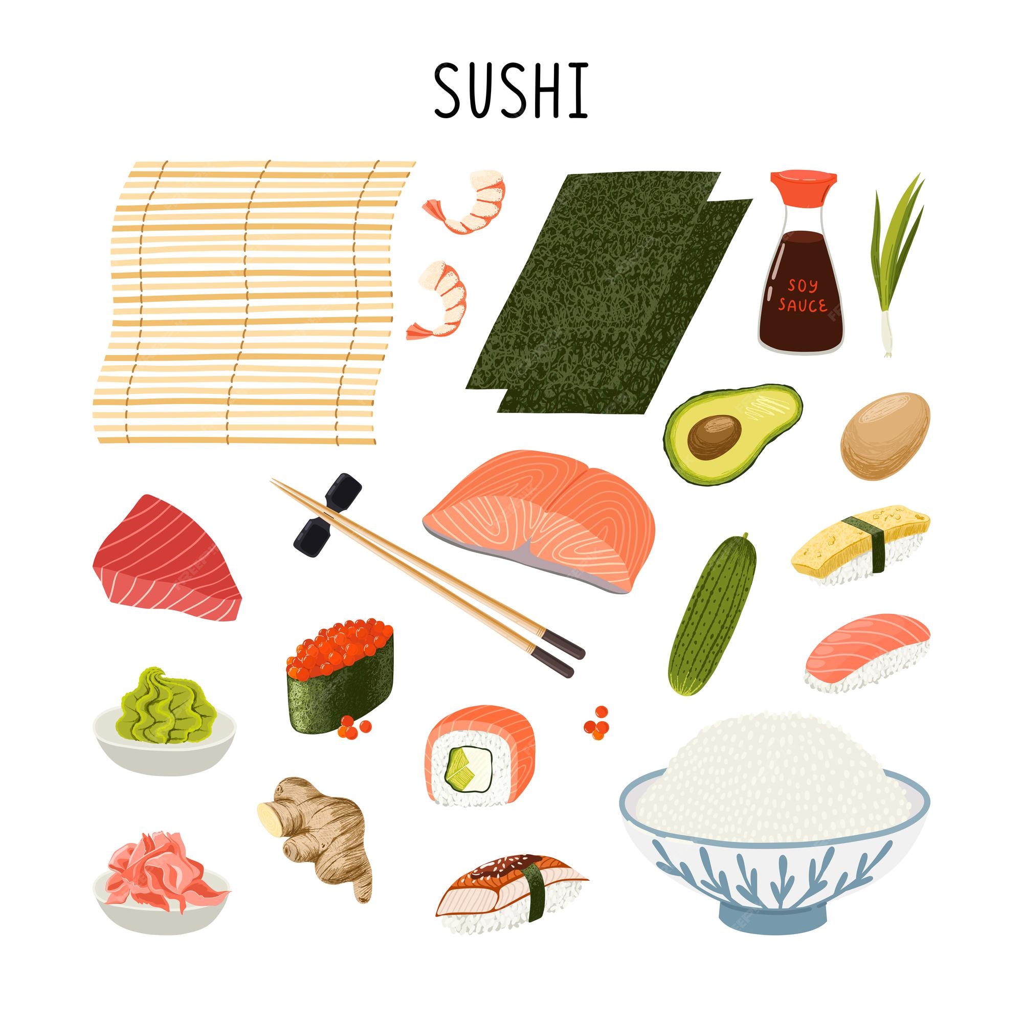 Sushi ingredients set in simple sketchy style. Salmon, tuna, shrimps,  avocado, nori, caviar, cucumber, scallions, rice. 17765438 Vector Art at  Vecteezy