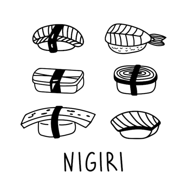 Japanese sushi nigiri set in hand drawn doodle style asian food for restaurants menu