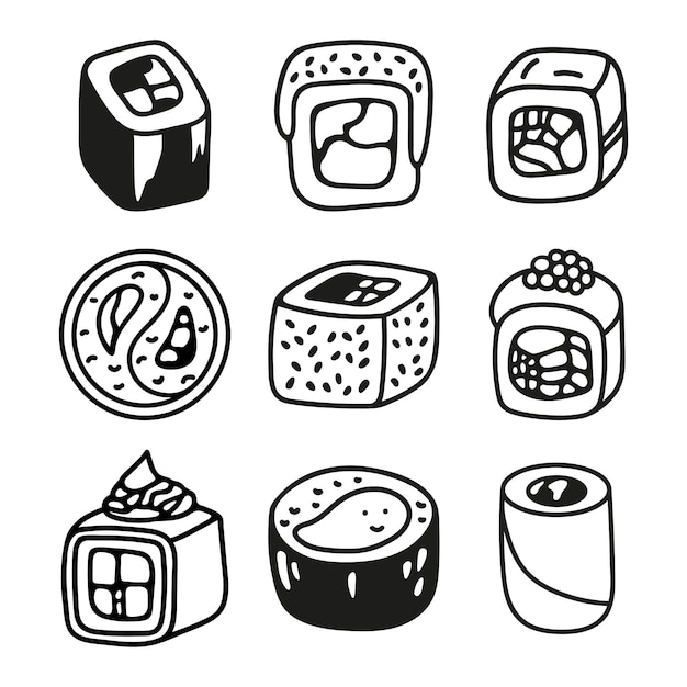 Rotolo di sushi giapponese in stile doodle disegnato a mano cibo asiatico per il menu dei ristoranti