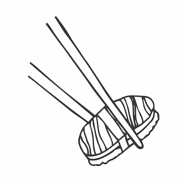 Japanese sushi roll with salmon in chopsticks Vector illustration in doodle flat style