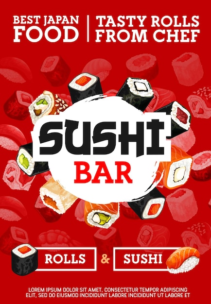 Japanese sushi and rolls bar cuisine of Japan