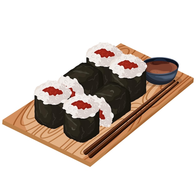 Japanese sushi rolls on a board with sauce and chopsticks. Advertising, banner. Vector illustration.