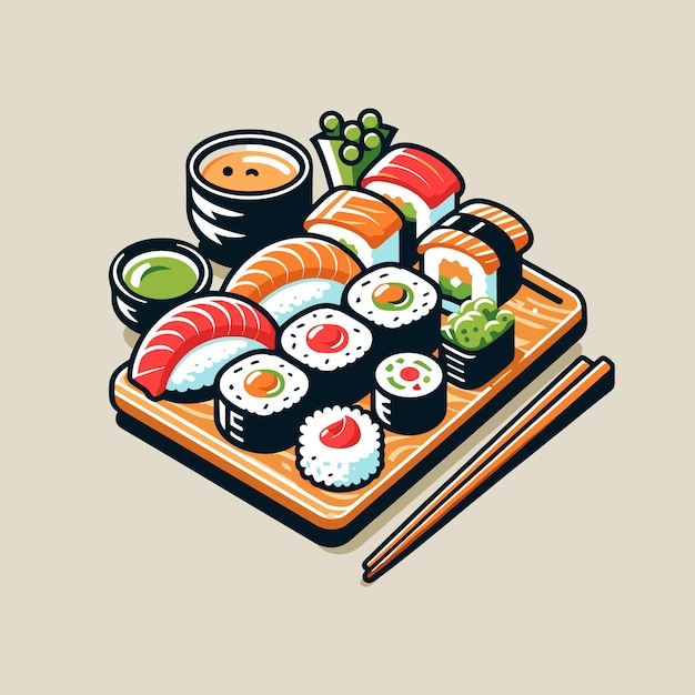 Vector japanese sushi sets with salmon tuna sashimi in food box served with chopsticks logo icon cute