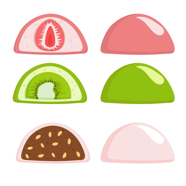 Japanese sweet  colorful daifuku  with different fillings. Vector illustration.