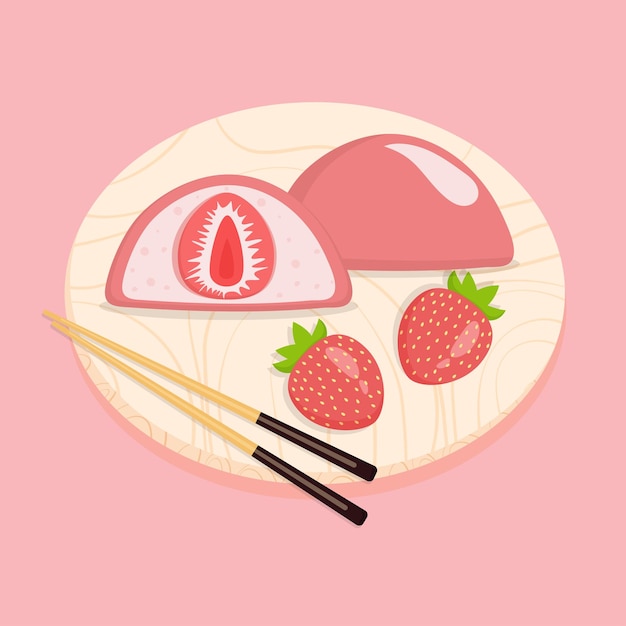 Japanese sweet  colorful daifuku  on the wooden cutting board decorated with strawberry.