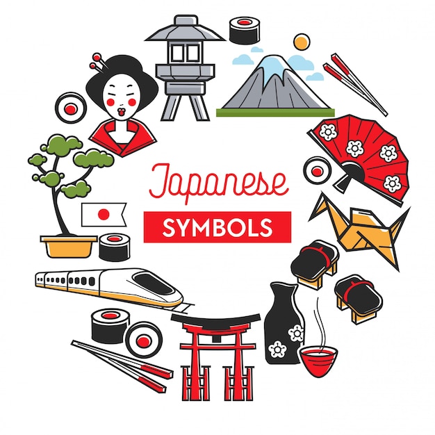 Japanese symbols promo banner with traditional famous attractions