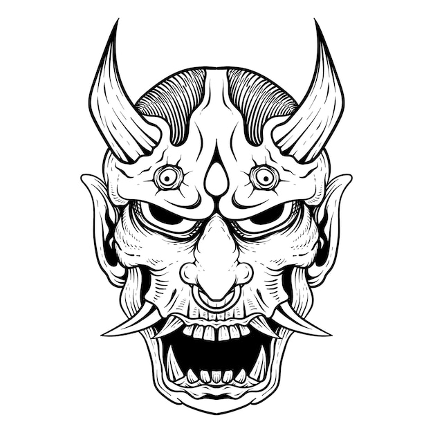 japanese tattoo line art hanya oni mask black and white