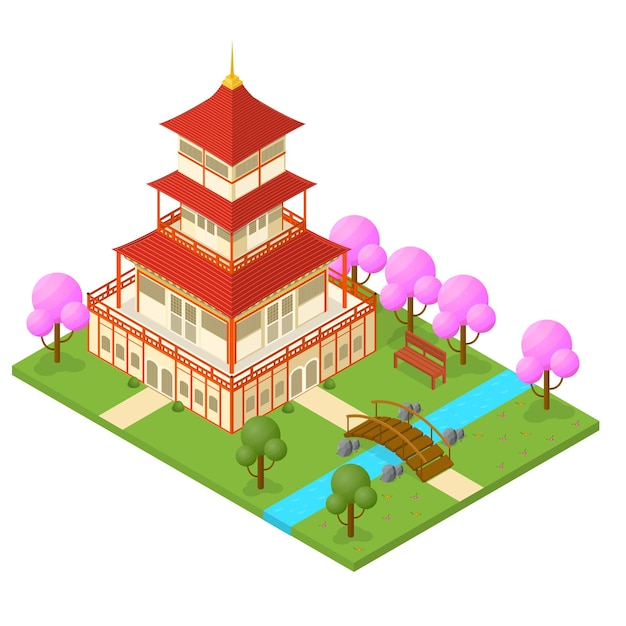 Japanese Temple Isometric View Traditional Building on a Landscape Background Oriental Symbol Travel Business Vector illustration of Japan