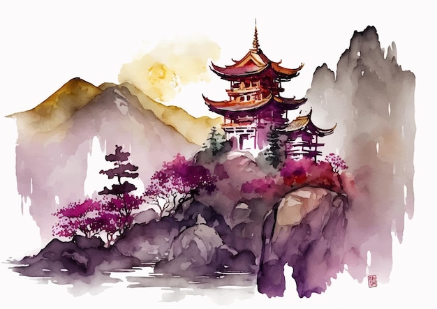 Japanese Temple Watercolor Art Print