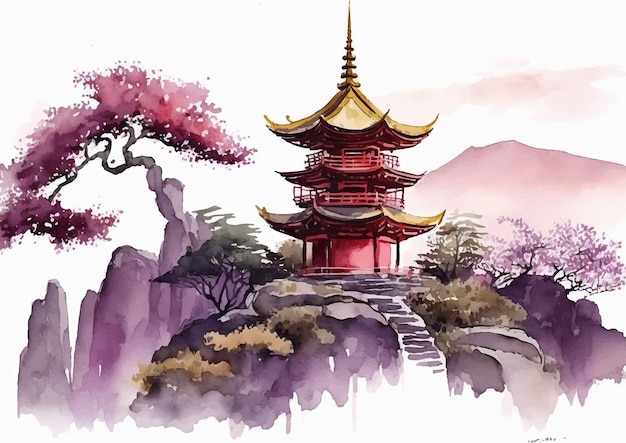 Vector japanese temple in watercolor spring