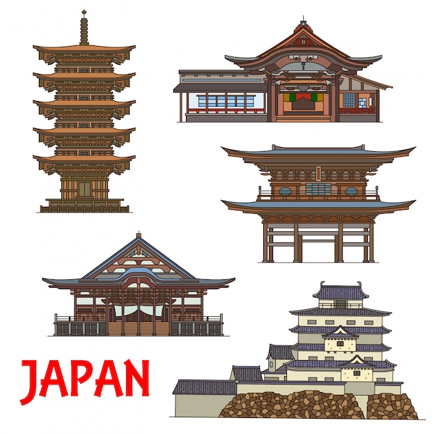 Vector japanese temples and castle  thin line travel landmarks of japan. dainichibo and horin-ji zen buddhist temples, sanmon gate of engaku-ji, dewa sanzan five storey pagoda and tsuruga castle