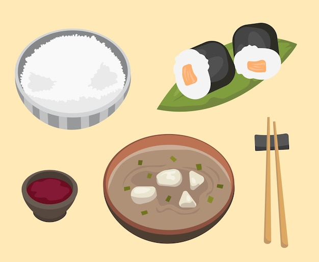 Vector japanese traditional breakfast set rice rolls and mushroom soup traditional asian cuisine menu for cafe or restaurant cartoon flat vector collection isolated on yellow background