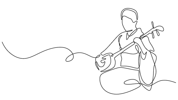 Vettore musica tradizionale giapponese disegno continuo di una linea donna che suona uno strumento biwa illustrazione vettoriale disegnata a mano singola minimalista musicista folk culturale