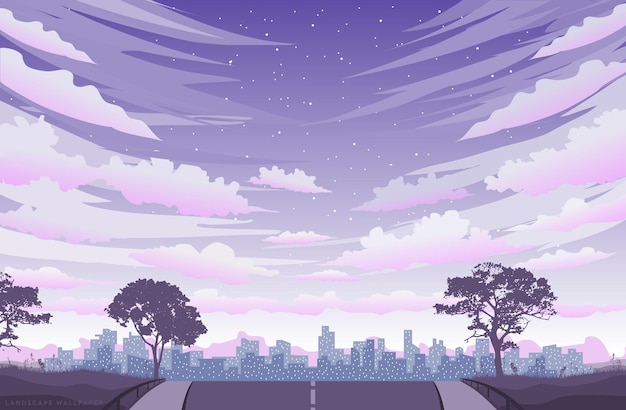 Vector japanese view panorama vector sunset flat design anime style