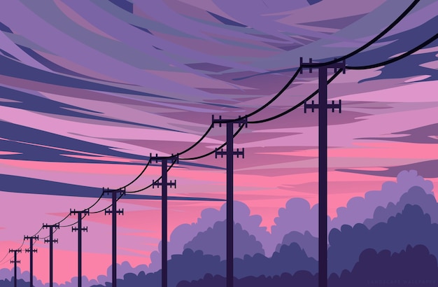 Vector japanese view panorama vector sunset flat design anime style