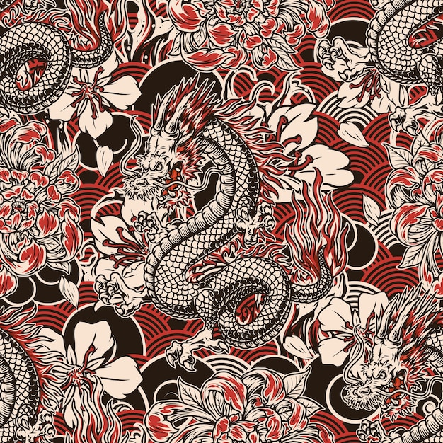 Japanese vintage seamless pattern with fantasy dragon and flowers on abstract traditional waves