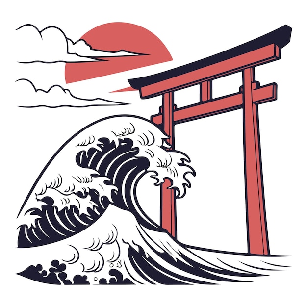 Japanese Wave Art with Torii Gate and Sunset