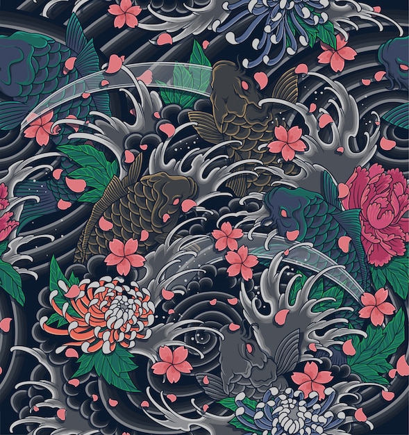 Japanese wave and koi  illustration seamless pattern.