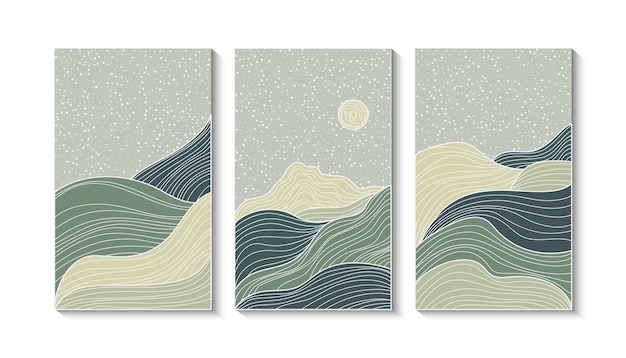 Japanese wave line art landscape background. Abstract mountain banner design pattern. Vector illustration geometric poster