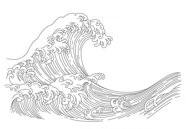 Japanese wave line art vector illustration.