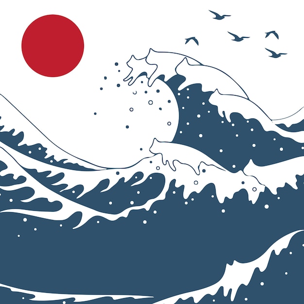 Vector japanese wave ocean vector background illustration