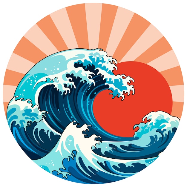 Vector japanese wave red sun and retro background