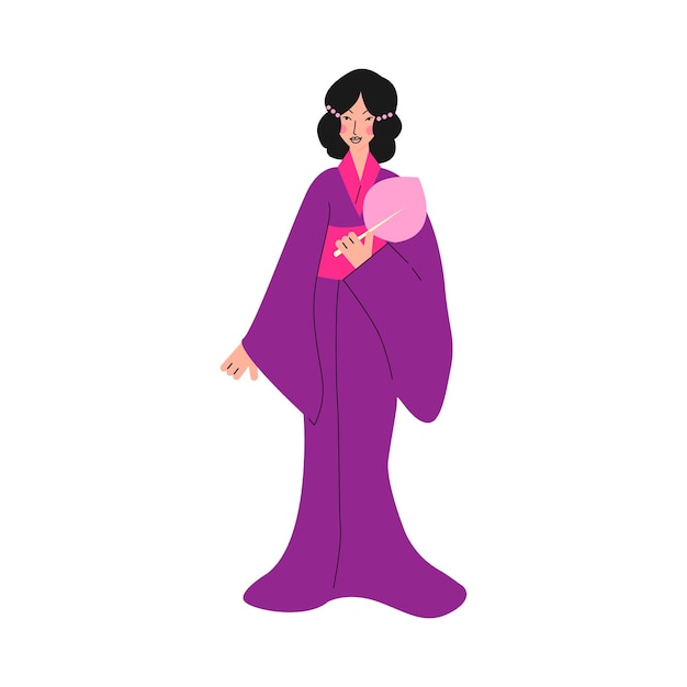 Japanese woman character in purple kimono sketch vector illustration isolated