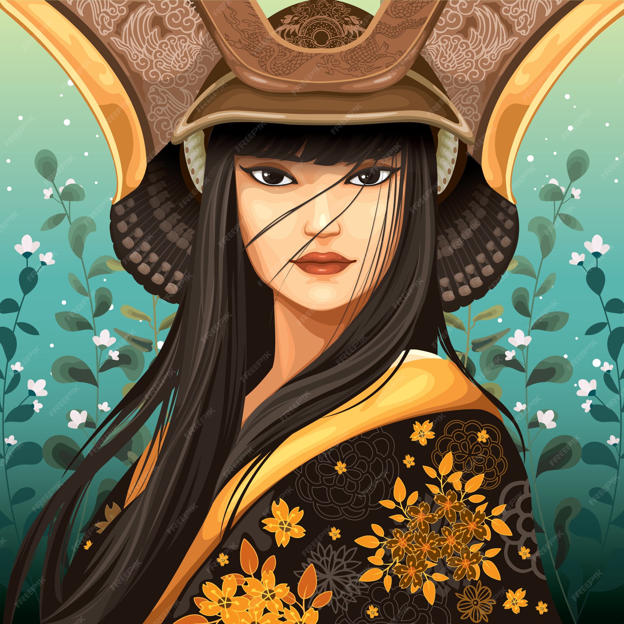 Premium Vector Japanese Woman Wearing Samurai Helmet