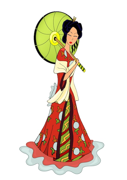 緑の傘をさした日本人女性