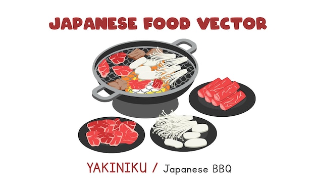 Japanese Yakiniku - Japanese BBQ Barbecue flat vector clipart cartoon. Asian food. Japanese cuisine