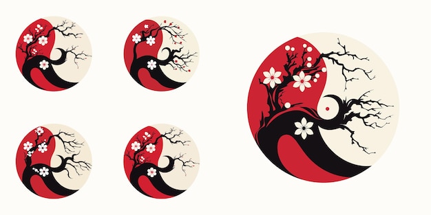 Japanese Ying Yang Pattern Logo Floral Tree Branches in Red Cream Black