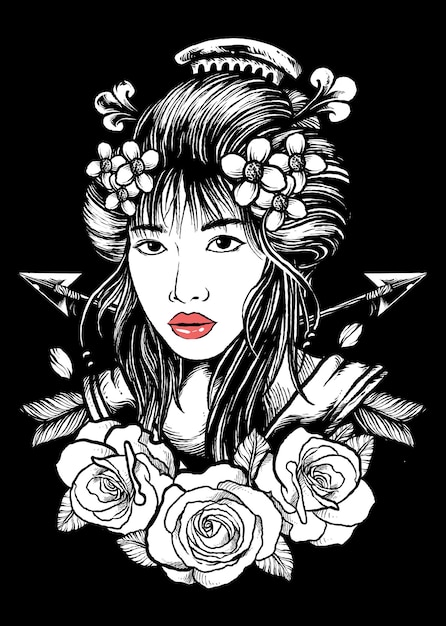 Japanesee Women With Red Liptint Design Vector