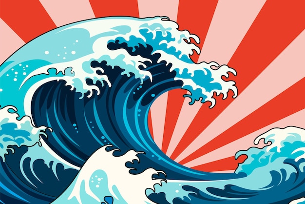 JapaneseStyle Great Wave with Retro Comic Background