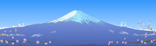 Japans berglandschap wilde natuur Mount Fuji is het symbool van Japan Kersenbloesem tak bergketen onder heldere blauwe hemel Kunst tekening panoramisch uitzicht vector illustratie