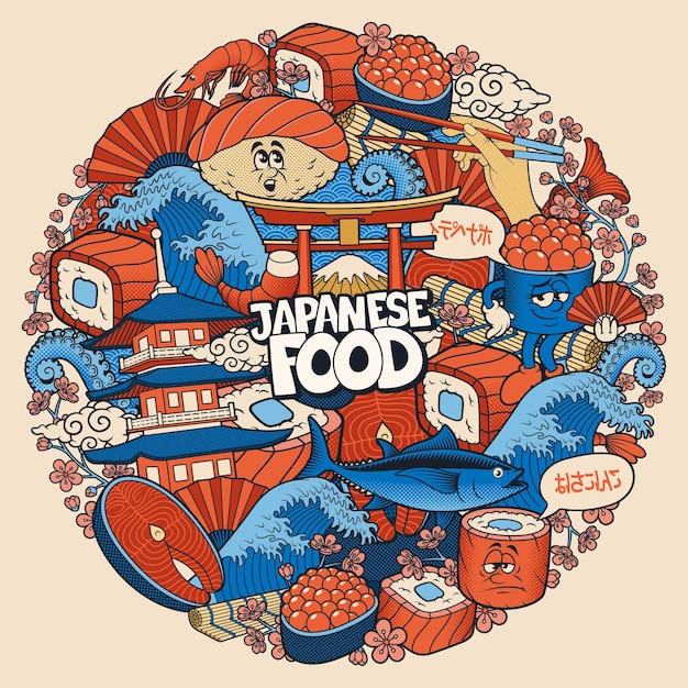 Vector japans eten doodle rond patroon